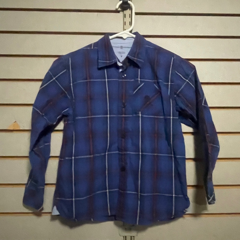 Tommy Hilfiger Boys Blue Plaid Long Sleeve Button Down Shirt Size 7 Collared